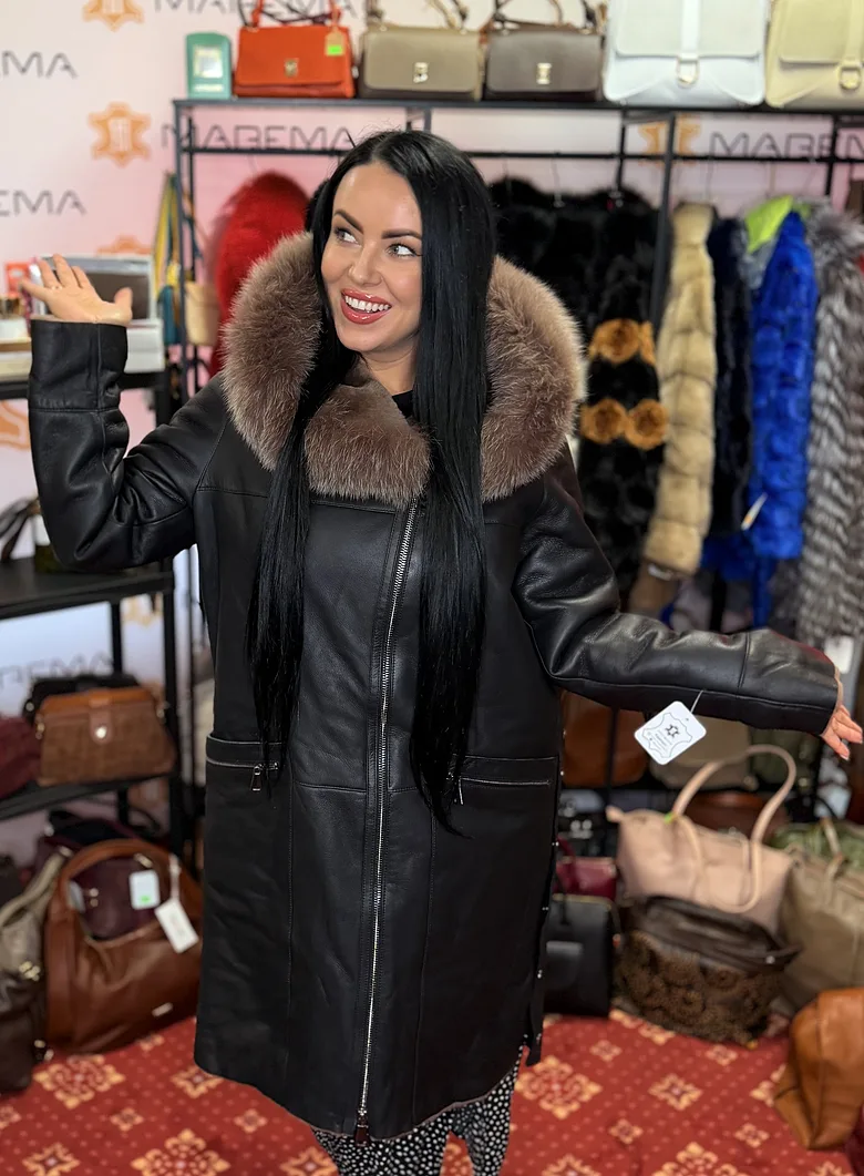 Long Natural Sheepskin Coat with Fox Fur Hood